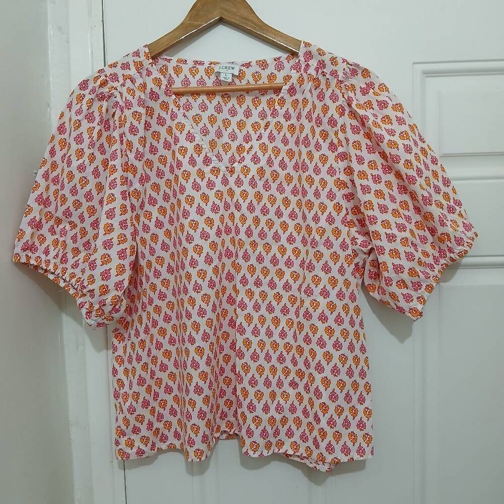 J crew womens large puffer sleeve pink orange floral shirt top